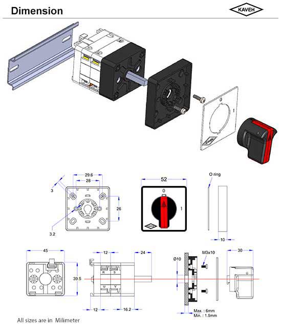 Dimensions of installation (KA type) electrokaveh cam operated switch